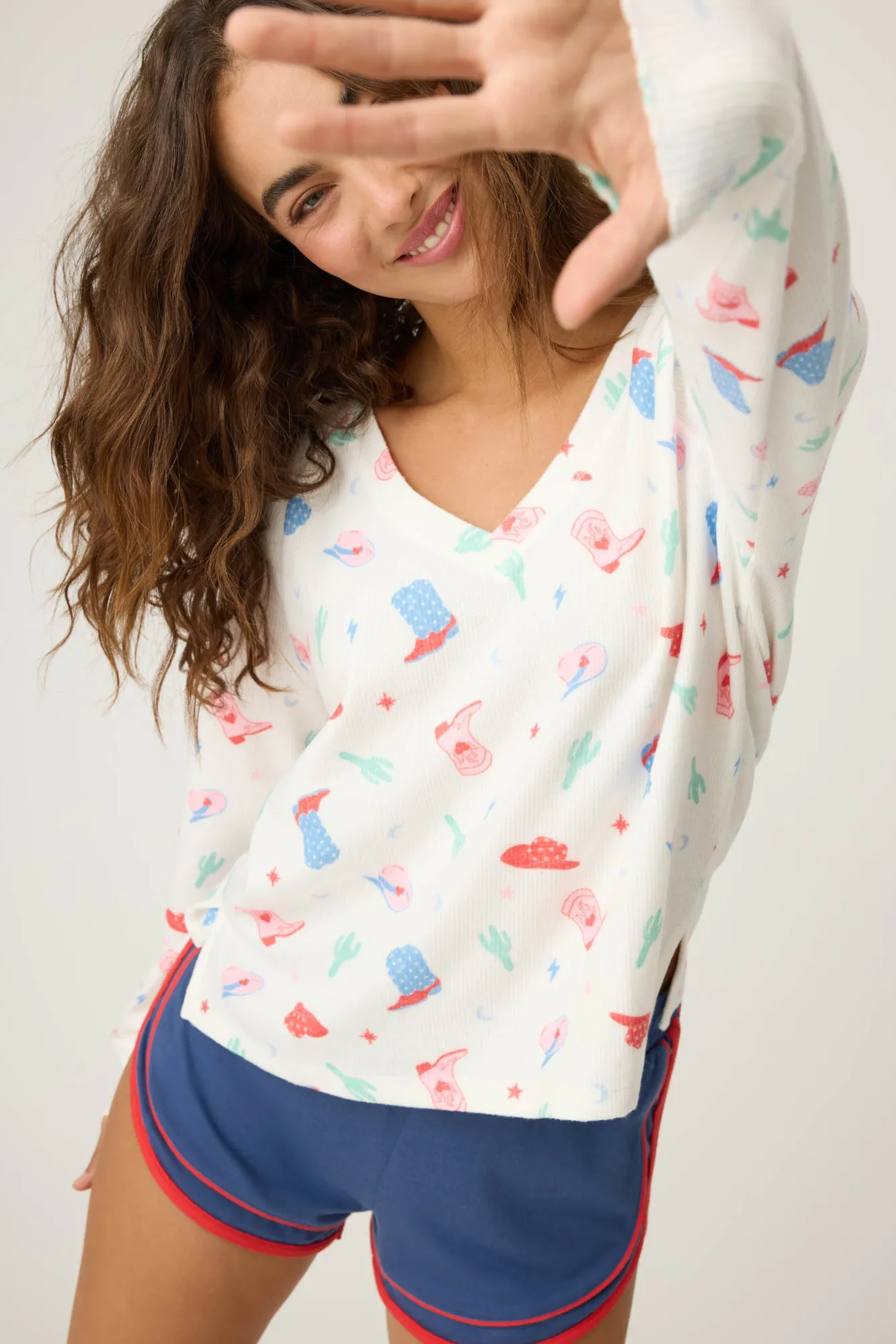 P.J. Salvage Tops | Peachy>American Honey Cowboy Print Long Sleeve Top
