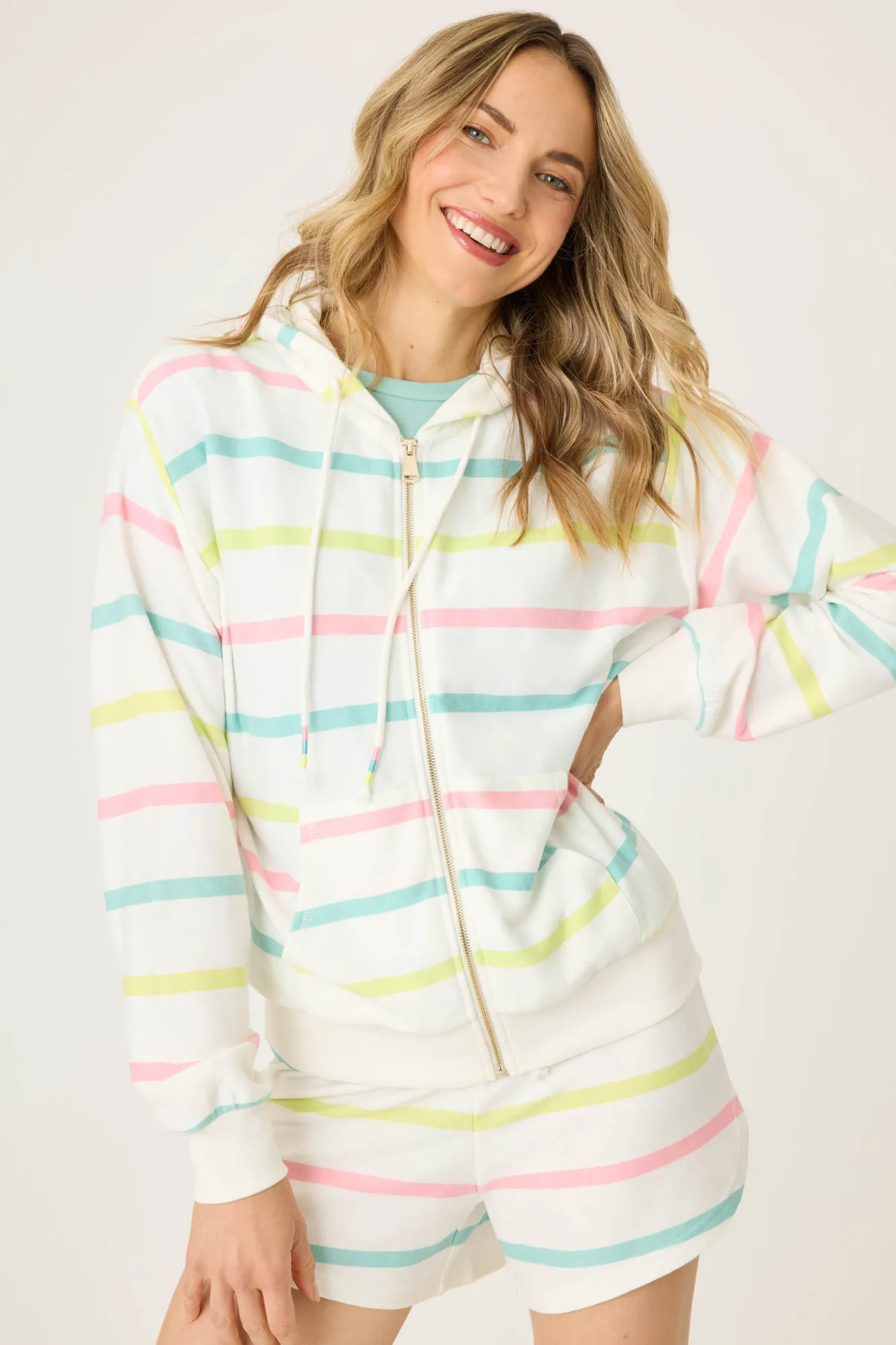 P.J. Salvage Loungewear | Loungewear>Limes & Sunshine Stripe Full Zip Hoodie